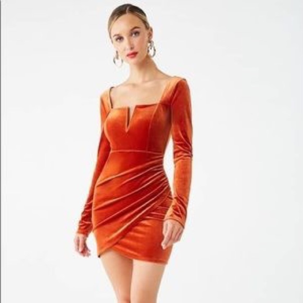 Orange deep v plunge long sleeve velvet dress